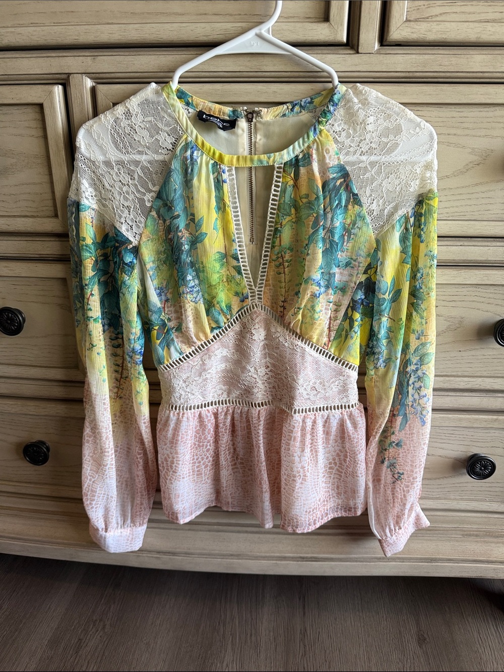bebe Floral Lace-Panel Peplum Blouse in Yellow, Blue & Pink